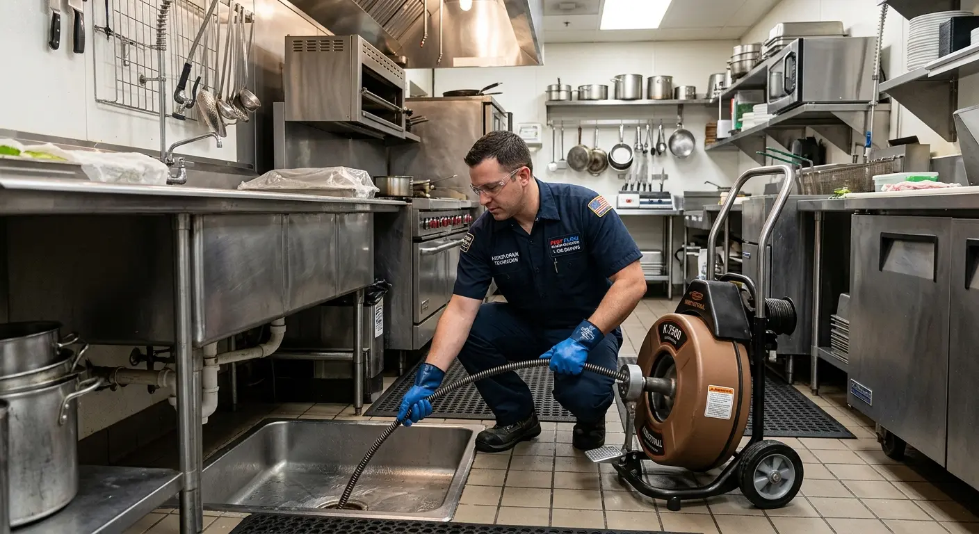 Commercial drain cleaning service in a restaurant kitchen in Beaumont