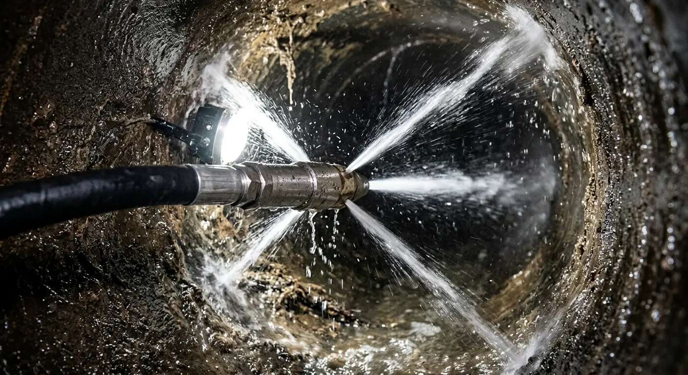High-pressure hydro jetting nozzle cleaning sewer pipe for Storm Drain Cleaning in Beaumont