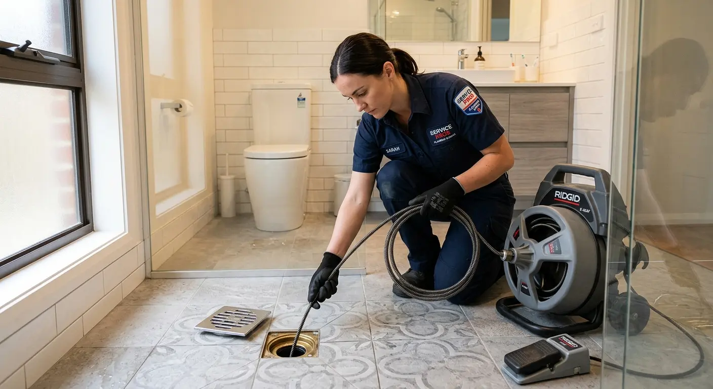 Technician clearing a bathroom floor drain for Drain Repair in Beaumont